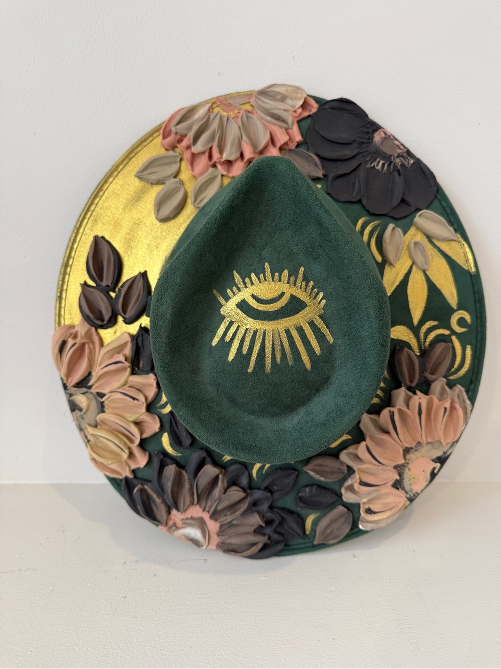 Stunning Painted Floral Suede Wide Brim Hat with Evil Eye | Medium